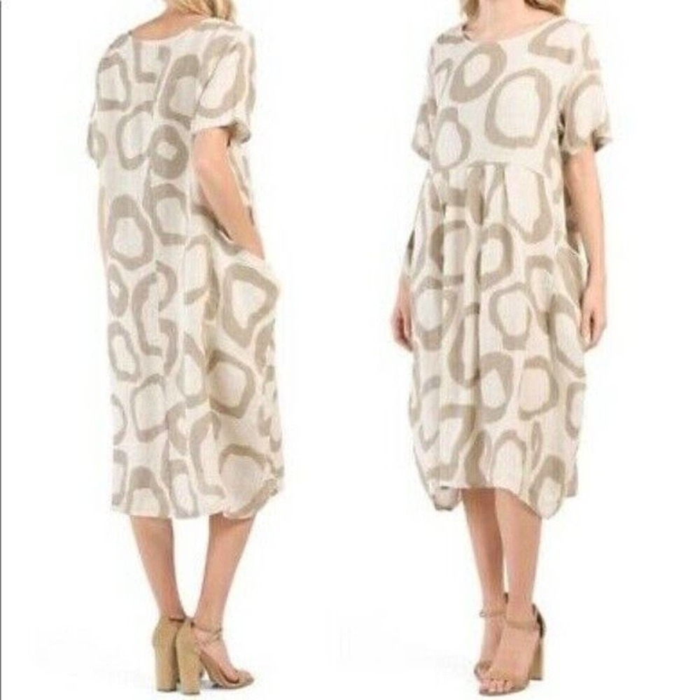 KLASIKS Italian Linen Dress Oversized Overlay Pockets Brown Lagenlook Medium